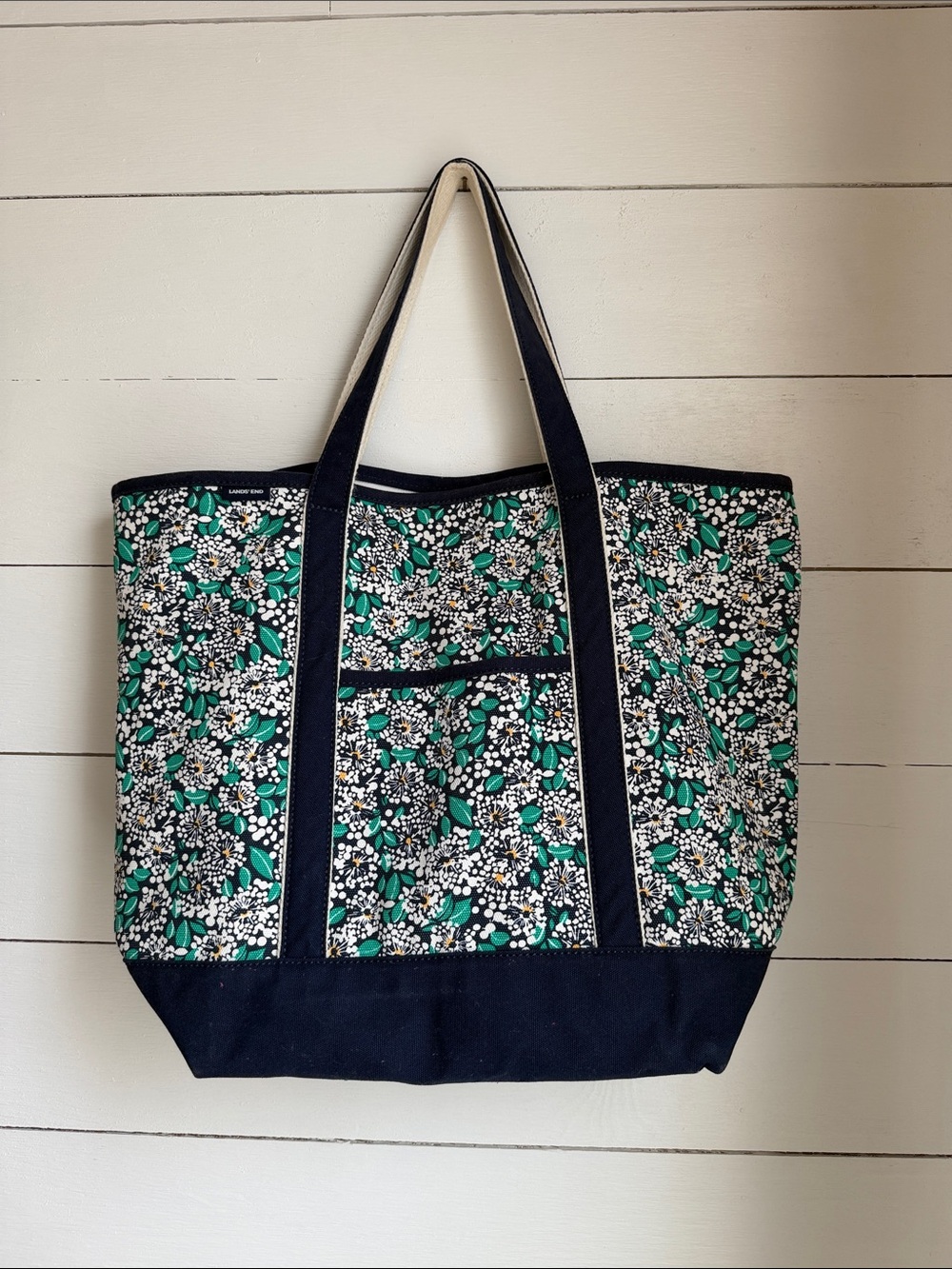 Lands' End Green Floral Canvas Tote with Navy Base